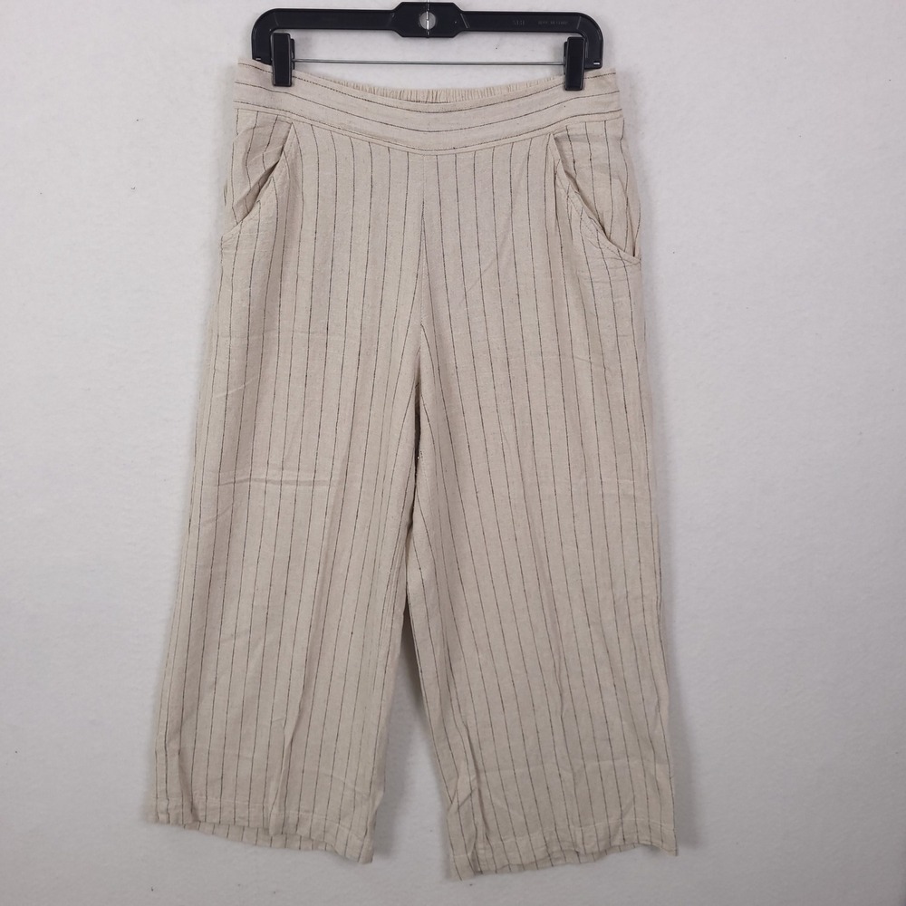 Max Studio London Pants Womens Large Beige Pinstripe Linen Blend Wide Leg Crop
